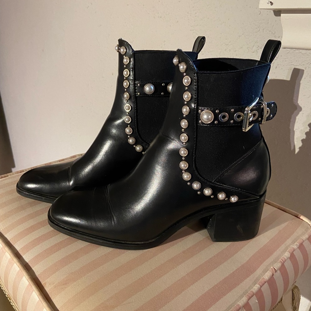 Zara Black Heeled Ankle Boots with Pearl Studs